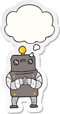 Düşünce baloncuğu insan tarafından çizilmiş bir çıkartma olan çizgi film robotu.