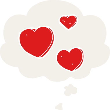 insan tarafından çizilmiş düşünce baloncuklu karikatür aşk kalpleri.