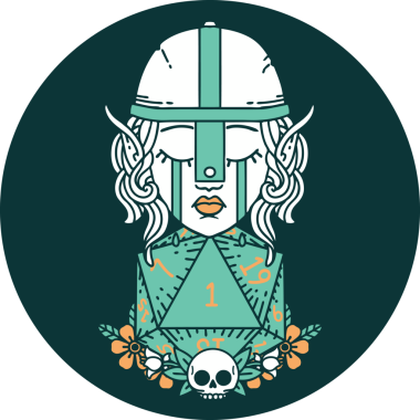 Bir insan tarafından çizilmiş doğal bir d20 rulo ile üzgün elf savaşçı karakteri ikonu