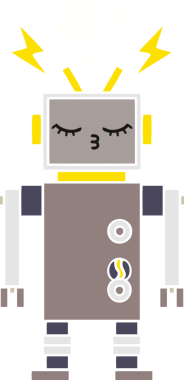 Bir insan tarafından çizilmiş arızalı bir robotun düz renk retro karikatürü