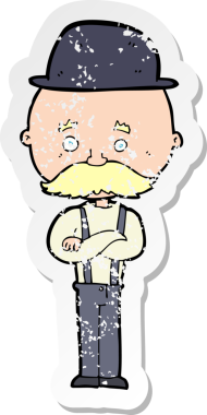 Bir insan tarafından çizilmiş melon şapka giyen bir çizgi film karakterinin gerilimli çıkartması.