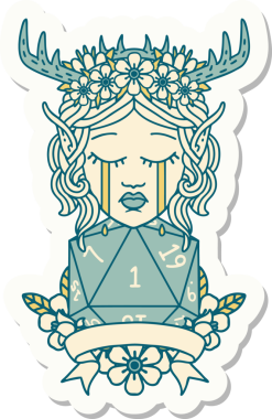 Hüzünlü bir Elf Druid karakterinin çıkartması. İnsan tarafından çizilmiş doğal bir D20 rulo.