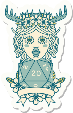 Bir insan tarafından çizilmiş doğal 20 zarlı Elf Druid karakterinin çıkartması.