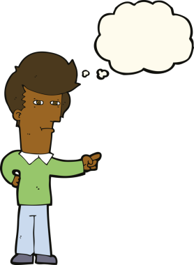 Bir insan tarafından çizilen düşünce baloncuğuyla işaret eden çizgi film adamı.