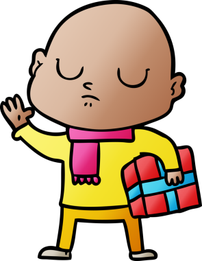 Bir insan tarafından çizilmiş Xmas hediyeli kel adam.