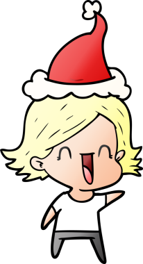 Bir insan tarafından çizilmiş Noel Baba şapkası giyen mutlu bir kadının el çizimi karikatürü.