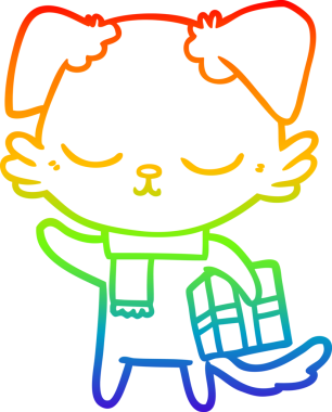 Gökkuşağı gradyan çizimi. Bir insan tarafından çizilmiş Noel hediyeli şirin bir çizgi köpek çizimi.