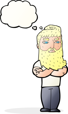 Bir insan tarafından çizilmiş sakallı, ciddi bir çizgi film karakteri.