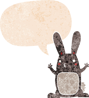 Konuşma baloncuğu olan çizgi film tavşanı bir insan tarafından çizilmiş dertli retro tarzı