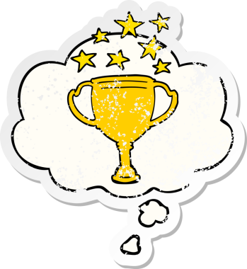 Düşünce baloncuklu çizgi film spor kupası bir insan tarafından çizilmiş yıpranmış bir çıkartma.