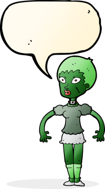 Bir insan tarafından çizilmiş konuşma balonlu zombi kadın.