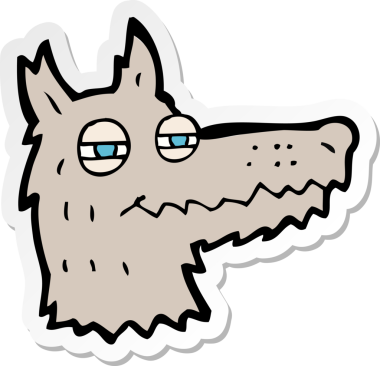 Bir insan tarafından çizilmiş kendini beğenmiş kurt suratlı bir çizgi film çıkartması.