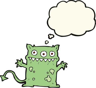 Bir insan tarafından çizilmiş düşünce balonu olan küçük bir canavar.