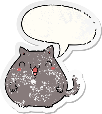 Konuşma baloncuğu olan çizgi film kedisi bir insan tarafından çizilmiş sıkıntılı eski bir çıkartma