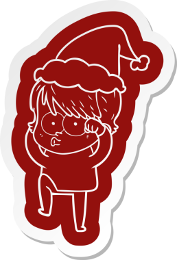 Bir insan tarafından çizilmiş Noel Baba şapkası giyen bir kadının garip çizgi film etiketi.