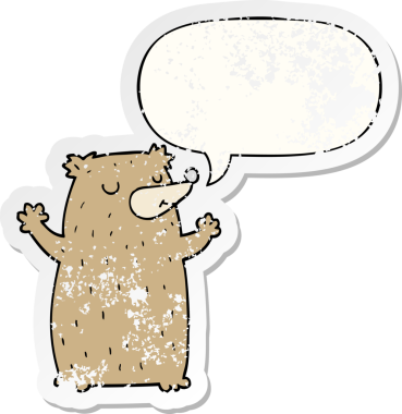 Konuşma baloncuğu olan çizgi film ayısı bir insan tarafından çizilmiş sıkıntılı eski bir çıkartma