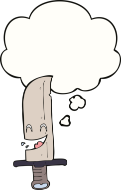 Bir insan tarafından çizilmiş düşünce baloncuklu gülen bıçak.