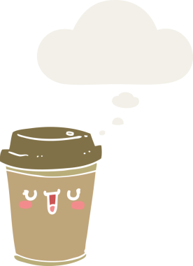 Çizgi film, bir insan tarafından çizilmiş düşünce baloncuklu kahveyi dışarı çıkarır.