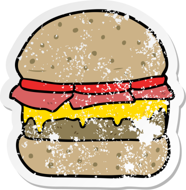 Bir insan tarafından çizilmiş karikatür burgerinin sıkıntılı çıkartması.