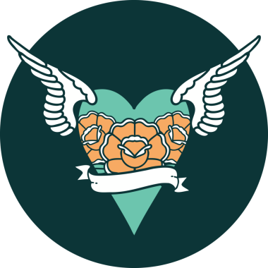 Kanatları ve pankartı insan tarafından çizilmiş bir kalbin ikonik dövme görüntüsü.