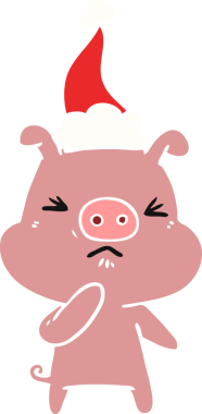 Bir insan tarafından çizilmiş Noel Baba şapkası giymiş kızgın bir domuzun düz bir çizimi.
