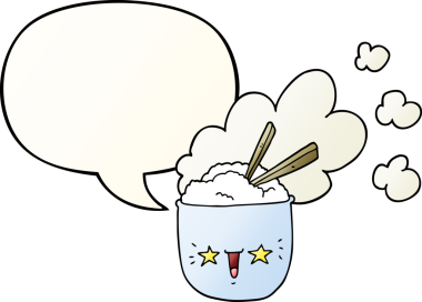 Tatlı karikatür sıcak pirinç kasesi, konuşma baloncuğu bir insan tarafından çizilmiş.