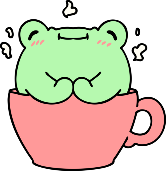 Bir insan tarafından çizilmiş kahve fincanında oturan şirin bir kurbağanın karikatürü.