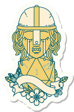 Ağlayan bir Ork savaşçı karakterinin çıkartması. Doğal bir d20 rulo ile bir insan tarafından çizilmiş.