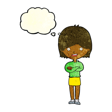 Bir insan tarafından çizilmiş düşünce balonlu mutlu kadın çizgi filmi.