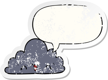 Konuşma baloncuğu olan sevimli çizgi film bulutu bir insan tarafından çizilmiş sıkıntılı eski bir çıkartma