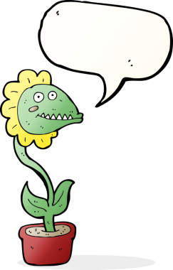 Bir insan tarafından çizilmiş konuşma balonlu canavar bitkisi.