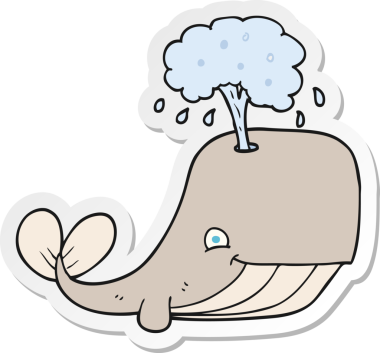 Bir insan tarafından çizilmiş su püskürten bir karikatür balinasının etiketi.