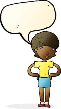 Bir insan tarafından çizilmiş konuşma balonlu elleri olan çizgi film kadını.