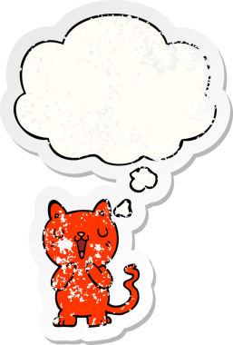 Düşünce baloncuğu olan çizgi film kedisi insan tarafından çizilmiş yıpranmış bir çıkartma.