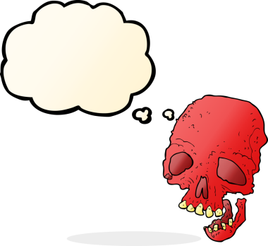 Bir insan tarafından çizilmiş düşünce baloncuklu garip kafatası.