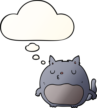 Bir insan tarafından çizilmiş yumuşak eğimli düşünce baloncuklu çizgi film kedisi.