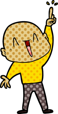 Bir insan tarafından çizilmiş harika bir fikri olan mutlu, kel bir adam.