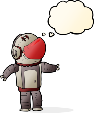 Bir insan tarafından çizilmiş düşünce baloncuklu astronot.