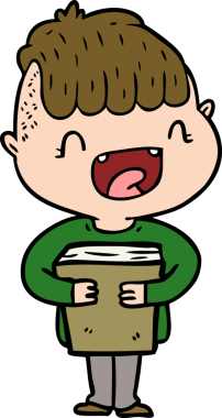 Bir insan tarafından çizilmiş yeni kitapları olan mutlu çocuk çizgi filmi.