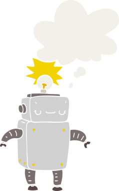 Düşünce baloncuğu olan karikatür robotu insan tarafından çizilmiş.