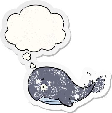 Düşünce baloncuğu olan karikatür balinası bir insan tarafından çizilmiş yıpranmış bir çıkartma.