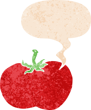 grunge 'da konuşma baloncuğu olan çizgi film domatesleri bir insan tarafından çizilmiş sıkıntılı retro dokuma tarzı