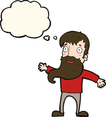 Bir insan tarafından çizilmiş düşünce baloncuğuyla sakallı bir çizgi film adamı.