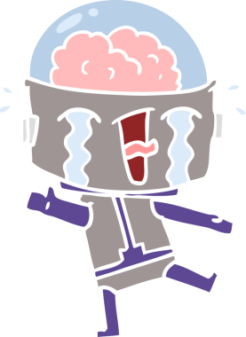 Bir insan tarafından çizilmiş düz renkli karikatür ağlayan robot.