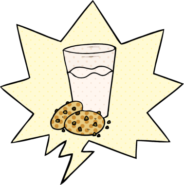 Çizgi roman tarzında bir insan tarafından çizilmiş konuşma balonlu kurabiye ve süt.