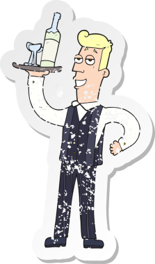 Bir insan tarafından çizilmiş bir çizgi film garsonunun gerilimli çıkartması.