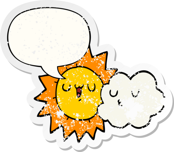 Bir insan tarafından çizilmiş, sıkıntılı, eski bir çıkartma, konuşma baloncuğu olan karton güneş ve bulut.