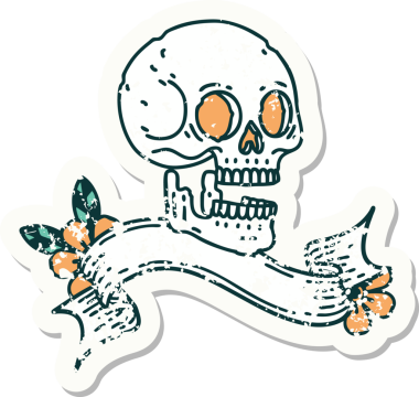 Bir insan tarafından çizilmiş kafatasının pankartıyla eski bir etiket.