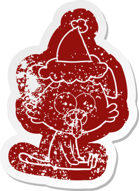 Bir insan tarafından çizilmiş Noel Baba şapkasıyla oturan ve dili dışarı çıkmış bir köpeğin garip karikatürü.