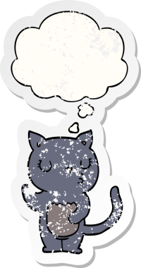 Düşünce baloncuğu olan sevimli çizgi film kedisi bir insan tarafından çizilmiş yıpranmış bir çıkartma gibi.